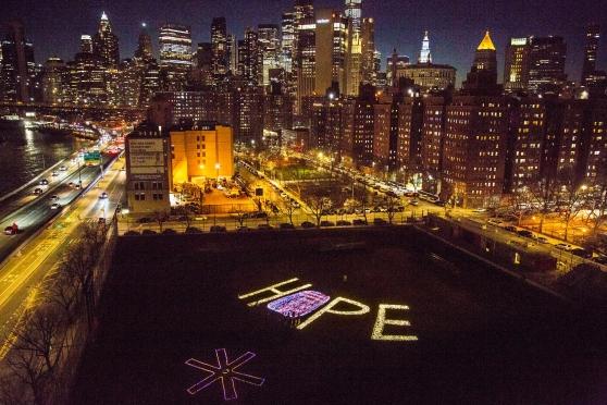 'Hope' illuminated with NYC in the background