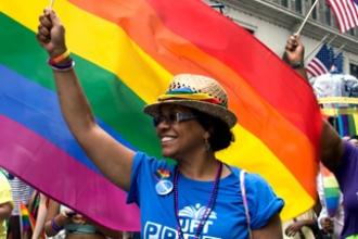 Bronx Lab School teacher Nilda Dontaine wore rainbow for the occasion.