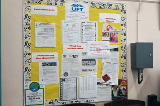 The bulletin board of PS 63 in the Bronx, maintained by chapter leader Tracie Ab
