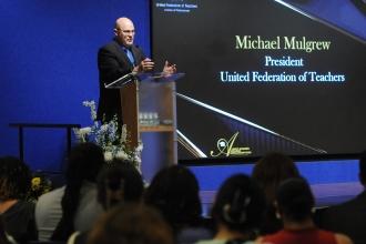 UFT President Michael Mulgrew speaks on stage at the 2024 UFT Albert Shanker Scholarship Awards.