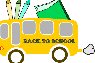 Vector image of a yellow school bus with pencils and books 