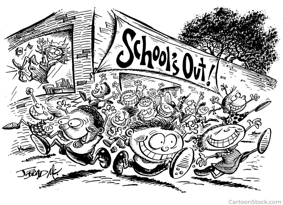 An editorial cartoon of students rushing out of the school building on their last day of school.