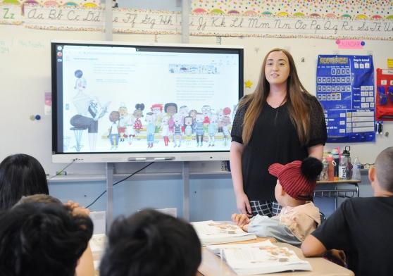 3rd grade teacher Christina Carvano of PS 54 on Staten Island leads her class during instruction. 